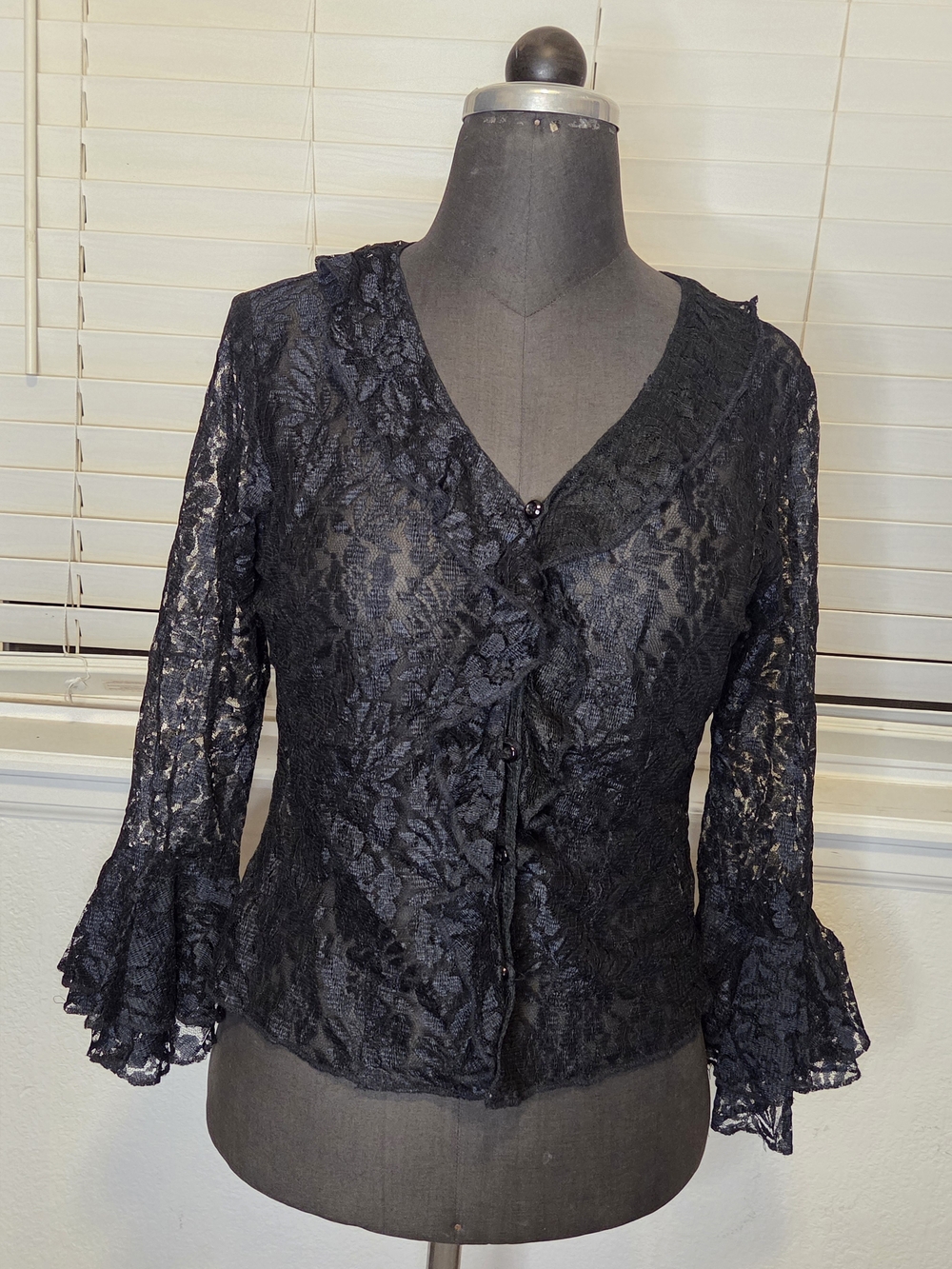 Antilia Femme Black Lace Ruffle-Trim Blouse